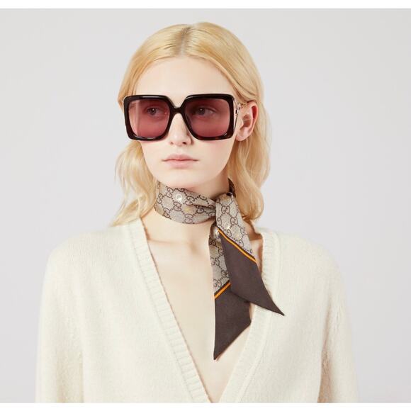 Gucci GG Printed Silk Neck Bow Scarf Beige Brown — Brand New in Box - Picture 2 of 5